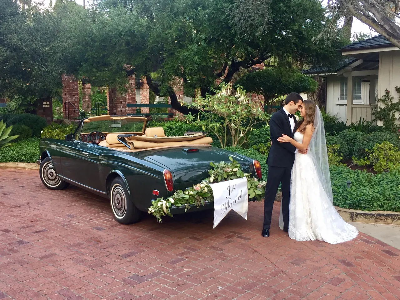 Green 1983 Rolls Royce Corniche Convertible exterior with convertible roof, photo 4 for wedding car rental in Hidden Valley Lake, CA