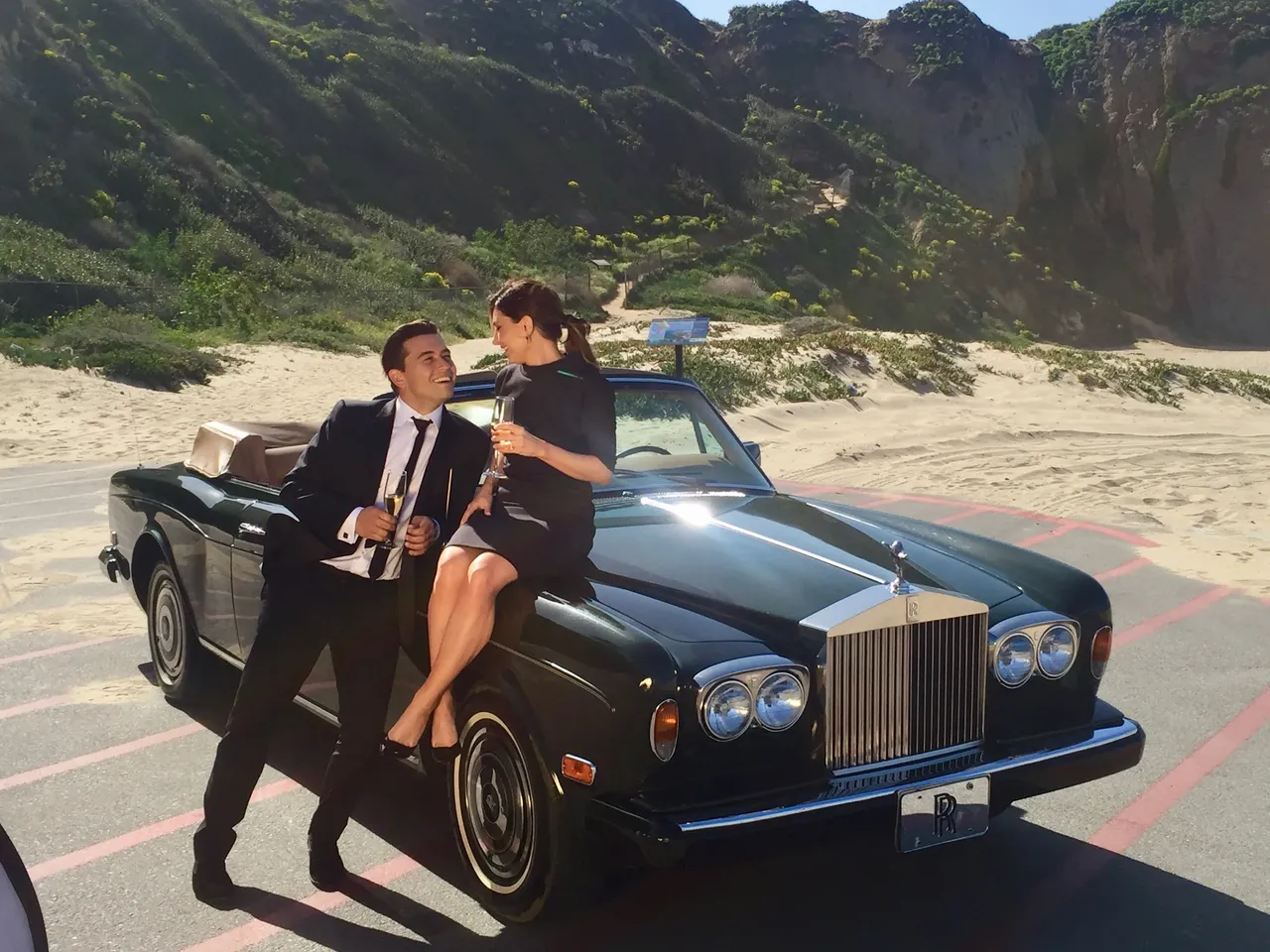 Green 1983 Rolls Royce Corniche Convertible exterior with convertible roof, photo 5 for wedding car rental in Hidden Valley Lake, CA