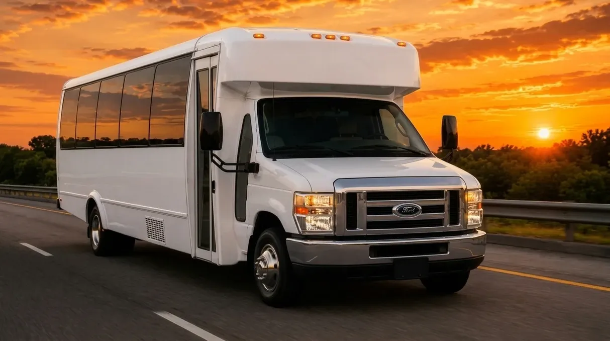 The white 20 Passenger Party Bus, ready to rent