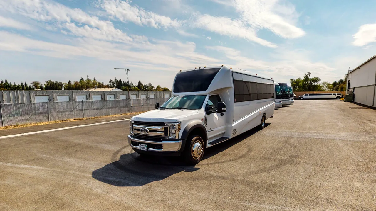 White 2019 Ford F550 Executive Bus for charter bus rental in Dutch Flat, CA