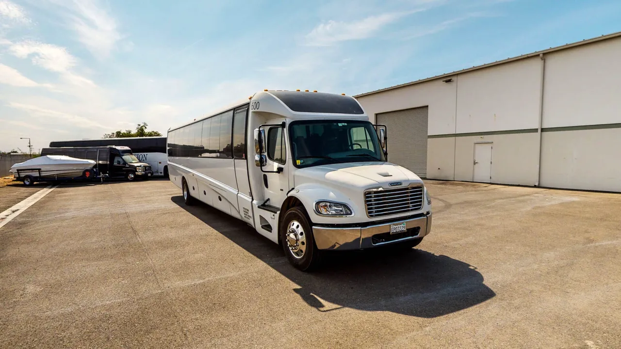 White 2019 Freightliner M2 Executive Bus for charter bus rental in Sacramento, CA