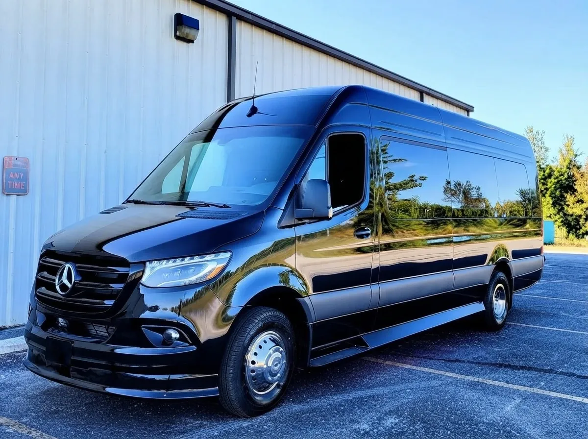 The black 2025 Mercedes-Benz Sprinter Limousine (Sebastian), ready to rent