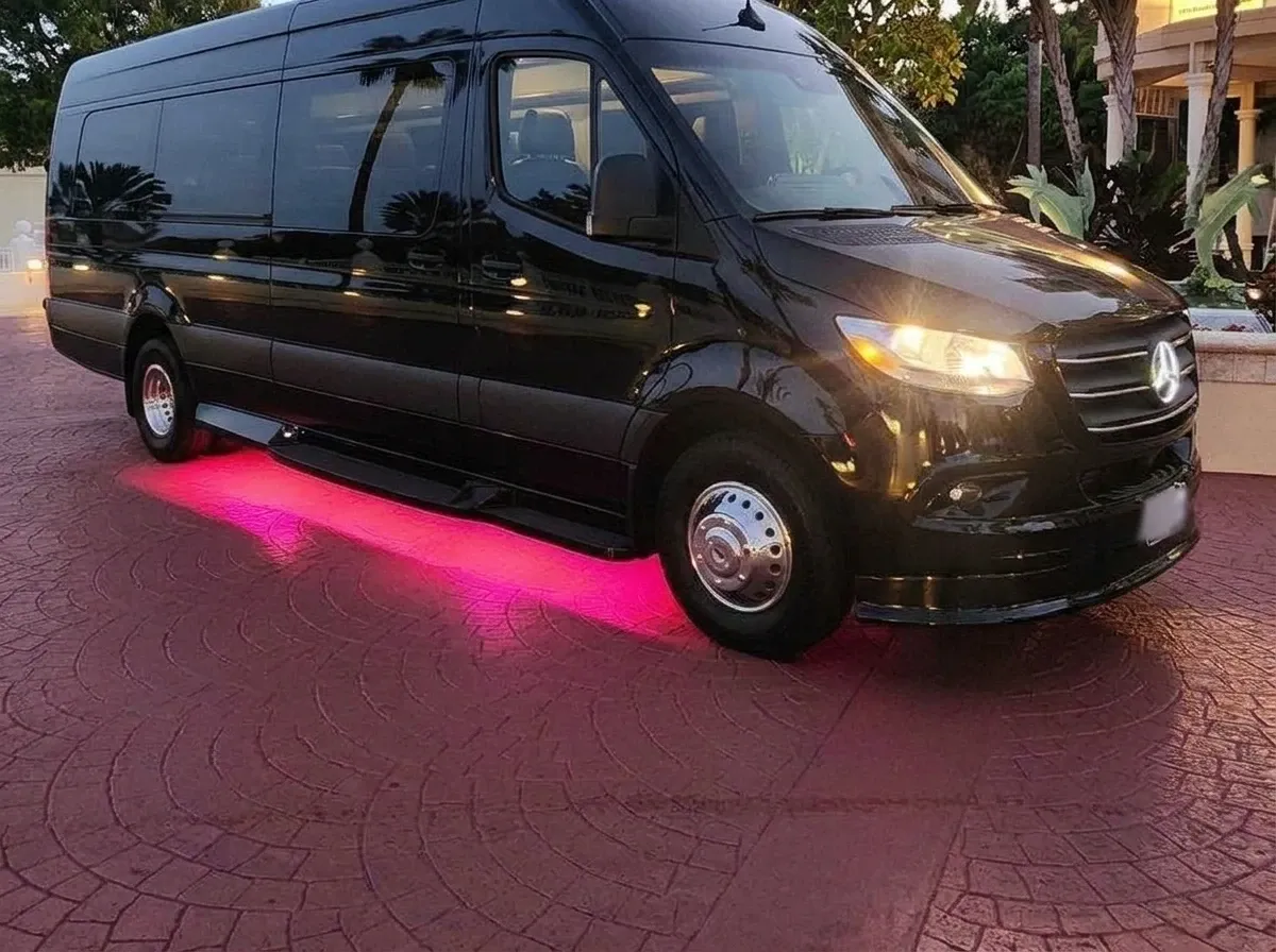 The black 2026 Mercedes-Benz Sprinter Limousine (Sylvester), ready to rent