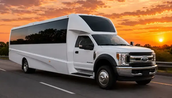26 Passenger Party Bus The white 26 Passenger Party Bus, ready to rent