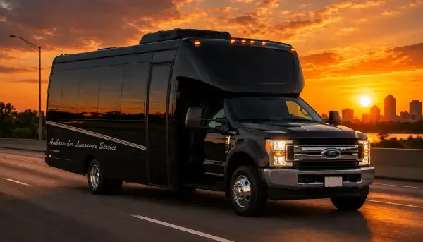 The black 27 Passenger Shuttle Bus, ready to rent