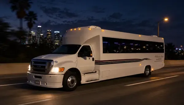 The white 34 Passenger Party Bus, ready to rent