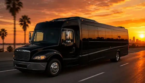 The black 38 Passenger Party Bus, ready to rent