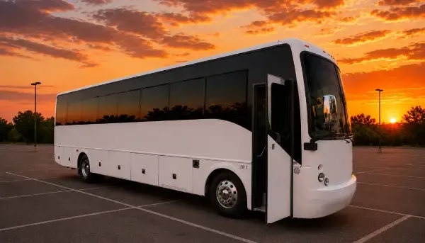 The white 50 Passenger Motor Coach, ready to rent