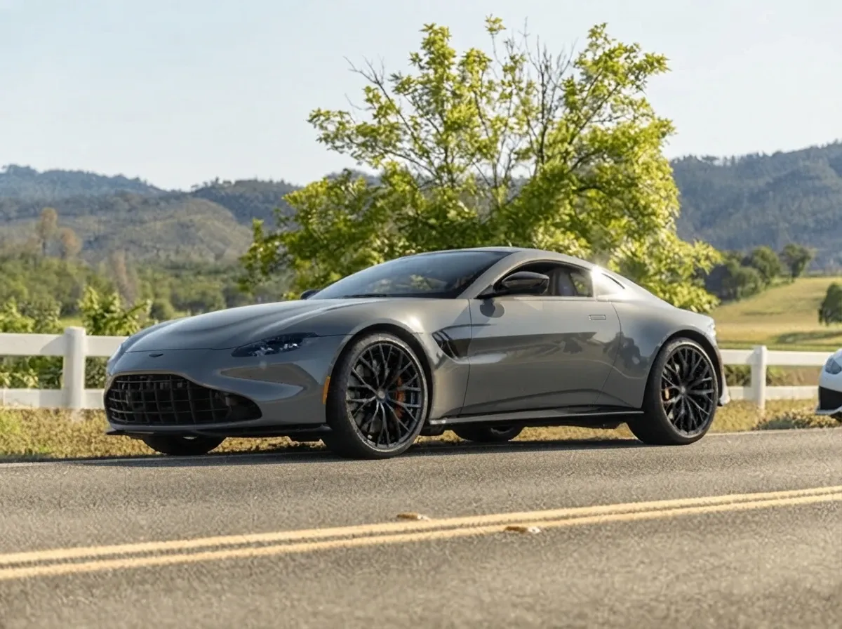 The silver Aston Martin Vantage, ready to rent