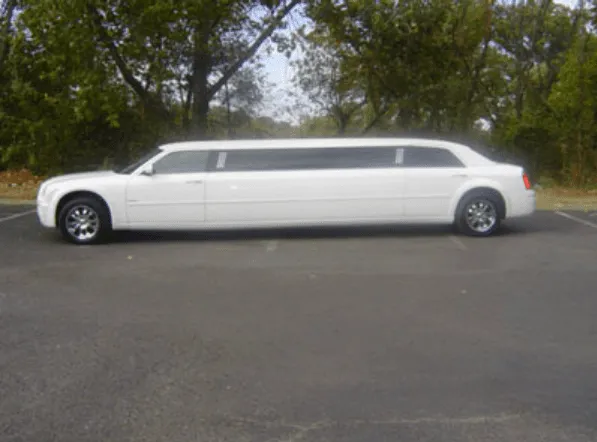 From outside of the white C300 Limousine, showing tinted windows