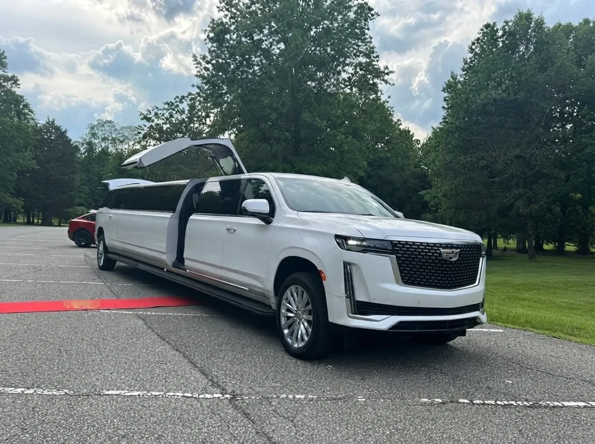 White Cadillac Escalade Limousine The white Cadillac Escalade Limousine, ready to rent