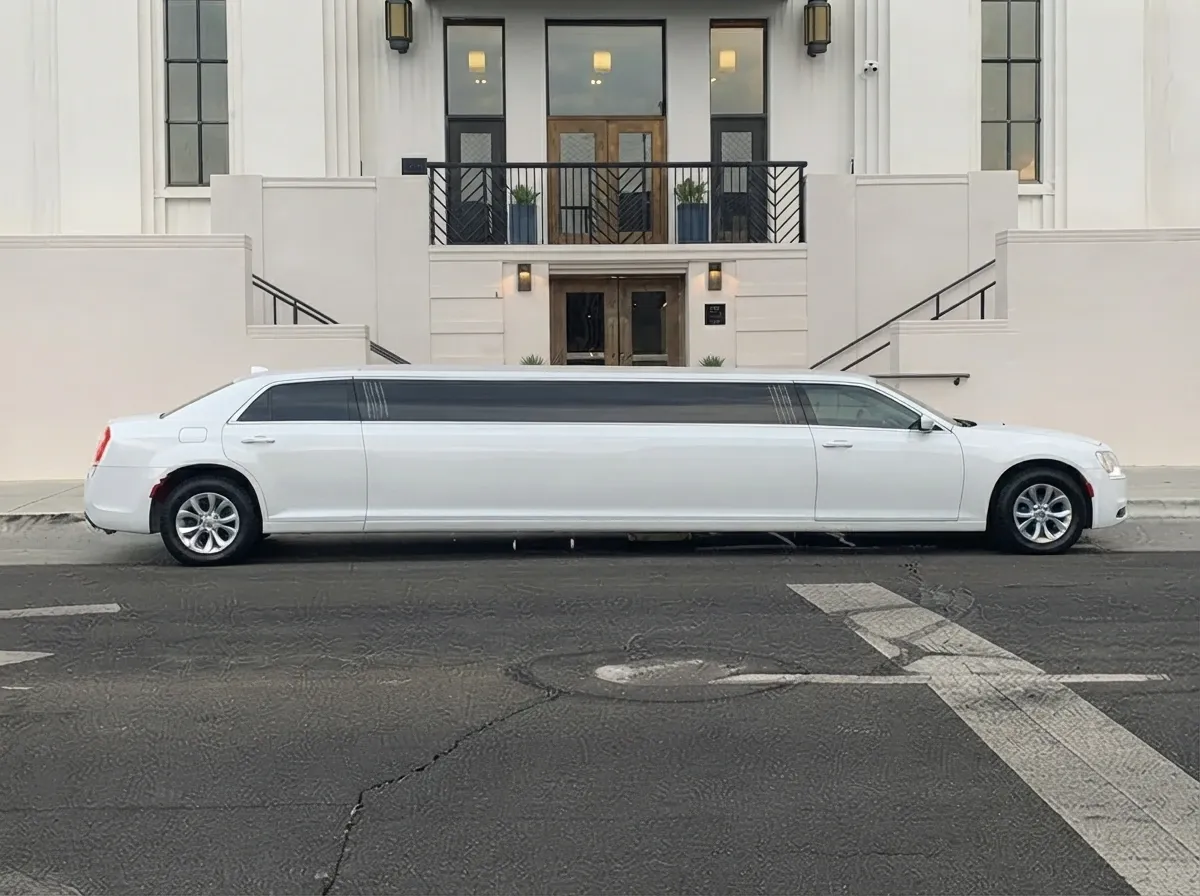 The white Chrysler 300 Stretch, ready to rent