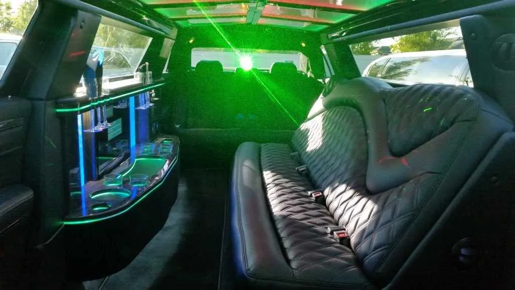 Chrysler Stretch Limousine interior with LED accent lighting and bar area for limo rental