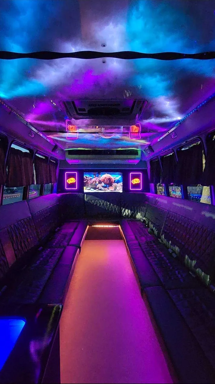 2019 Luxury Party Bus (Dark Shadow) interior with perimeter lounge seating, LED accent lighting and LED ceiling lighting, photo 3 for party bus rental