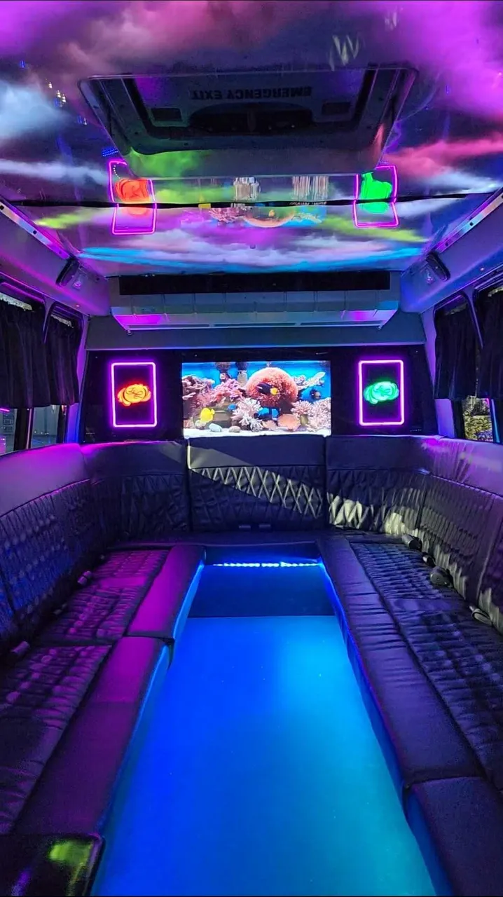 2019 Luxury Party Bus (Dark Shadow) interior with perimeter lounge seating, LED accent lighting and LED ceiling lighting for party bus rental in Palm Coast, FL
