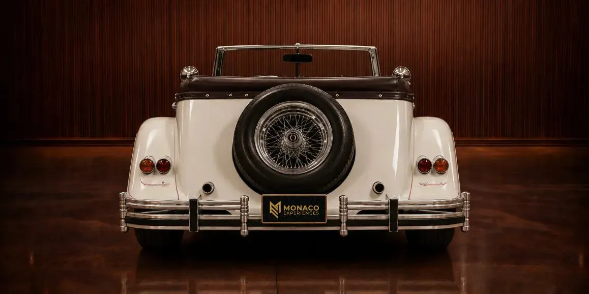 White Excalibur Phaeton (Vintage) exterior with convertible roof, photo 5 for wedding car rental
