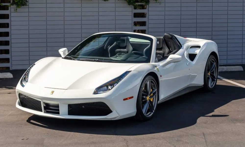 The white Ferrari 488 Spider, ready to rent
