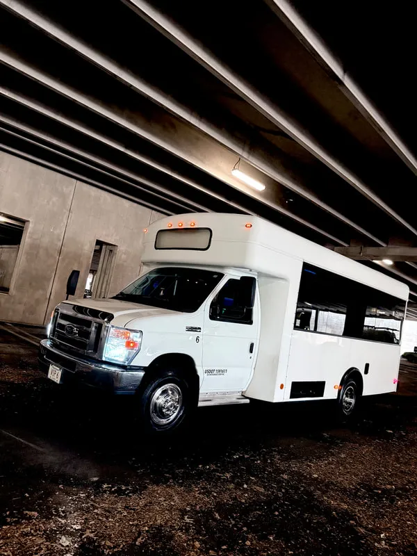 White Ford E-450 Series Party Bus exterior, photo 4 for party bus rental in North Attleboro, MA