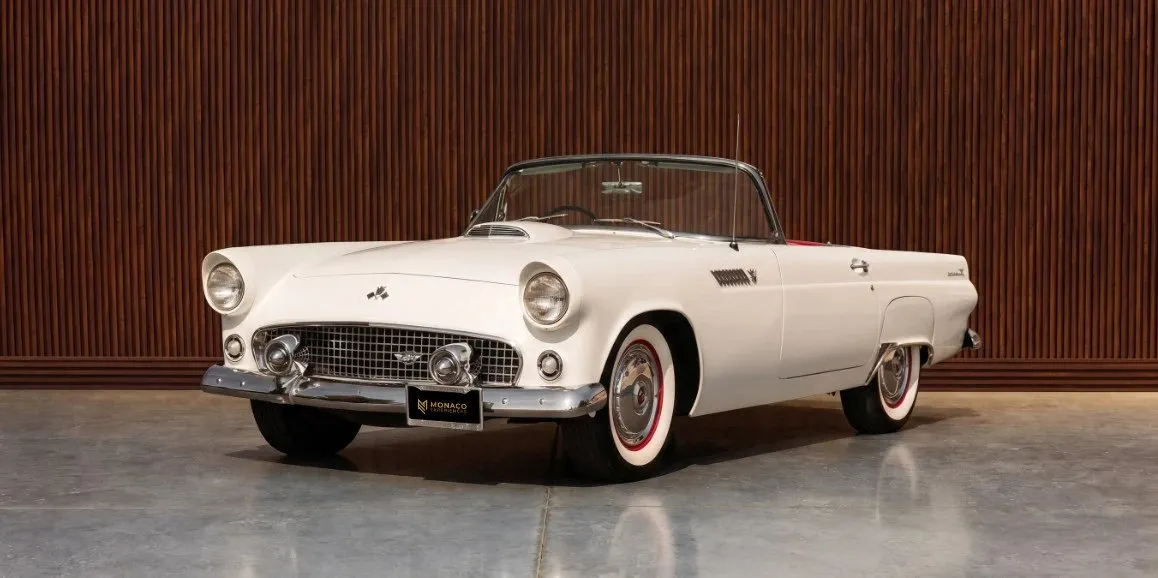 White Ford Thunderbird with convertible roof for wedding car rental