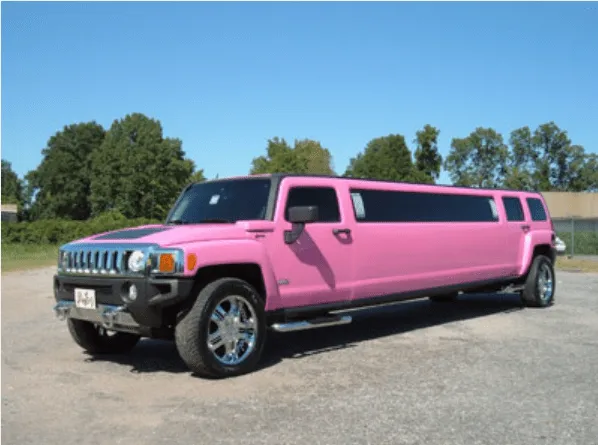 The pink Hummer Limousine, showing tinted windows