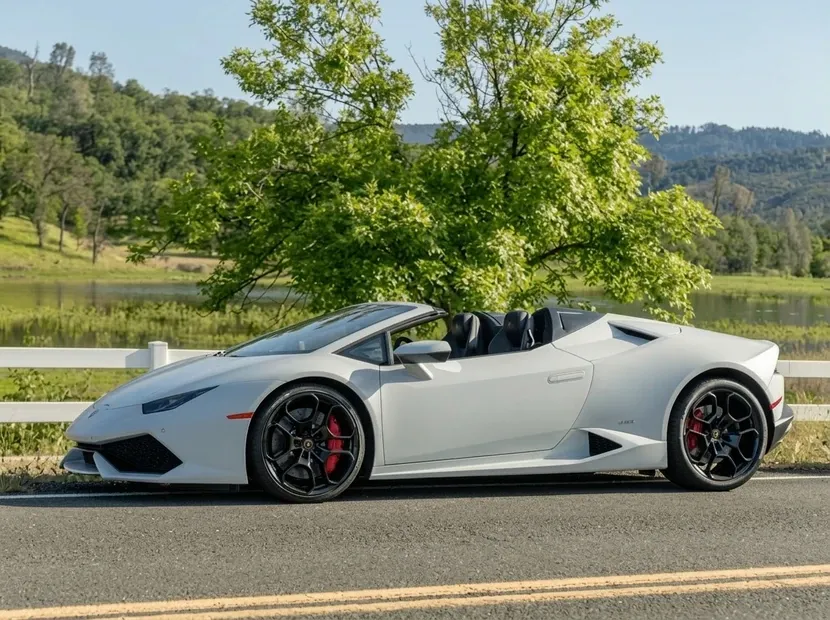 The white Lamborghini Huracan LP610-4 Spyder, ready to rent