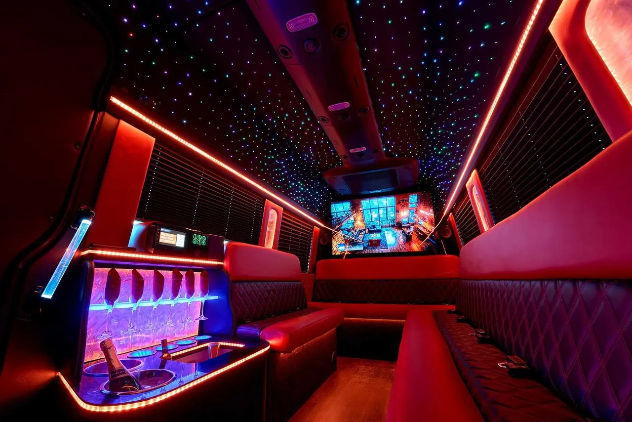 Limousine Bus interior with perimeter lounge seating, window shades and LED accent lighting for party bus rental