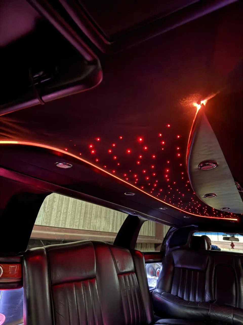 Lincoln Town car Stretch Limousine interior with starlight or fiber-optic ceiling for limo rental in Kimball County, NE