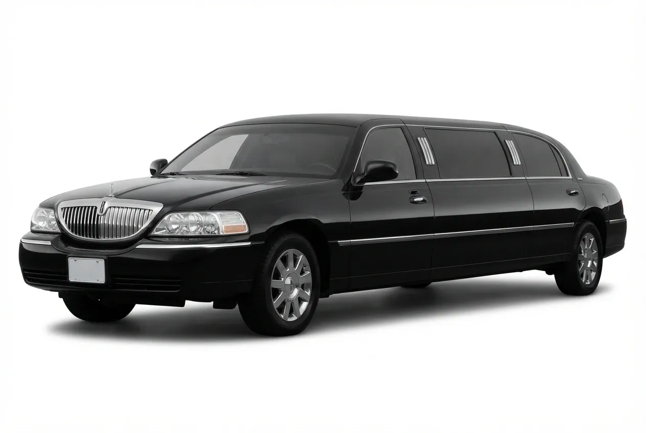 The black Lincoln Town Car Stretch Limousine, ready to rent