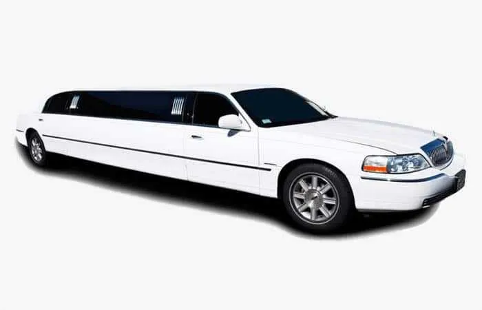 The white Lincoln Town Car Limousine, ready to rent
