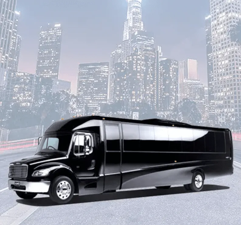 Black 38 Passenger Luxury Party Bus exterior for party bus rental in Hawthorne, CA