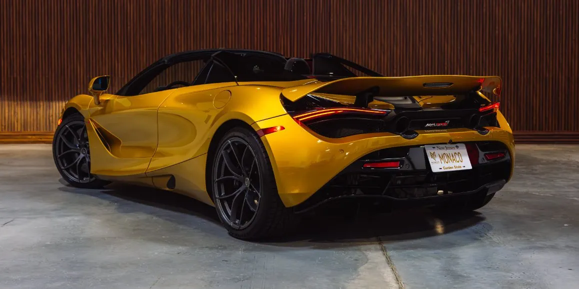 Yellow Mclaren 720s exterior with convertible roof, photo 4 for sports car rental