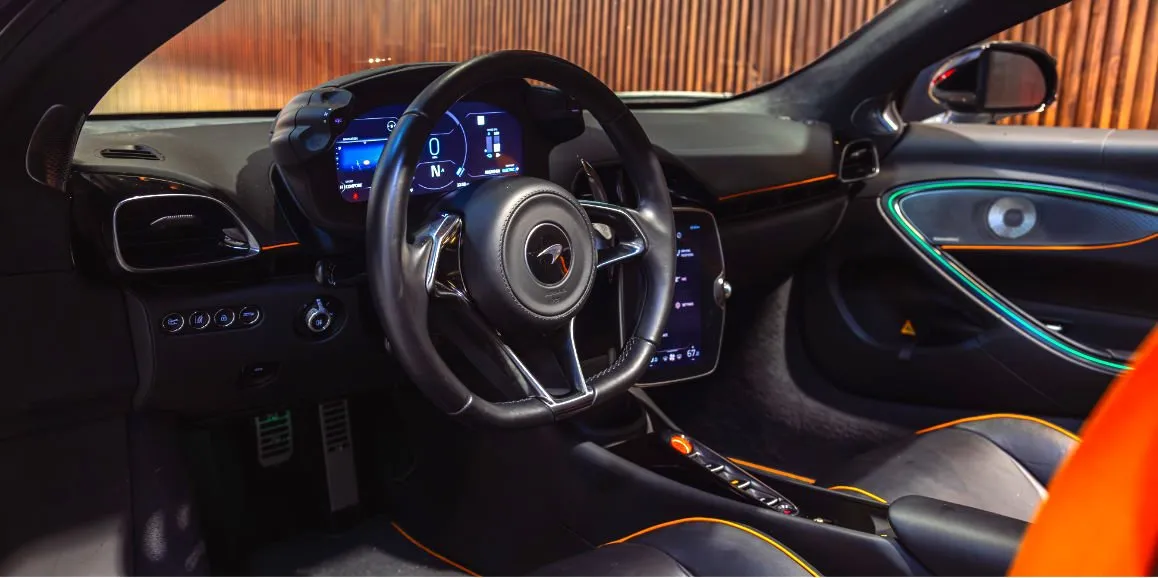 McLaren Artura interior with LED accent lighting for sports car rental
