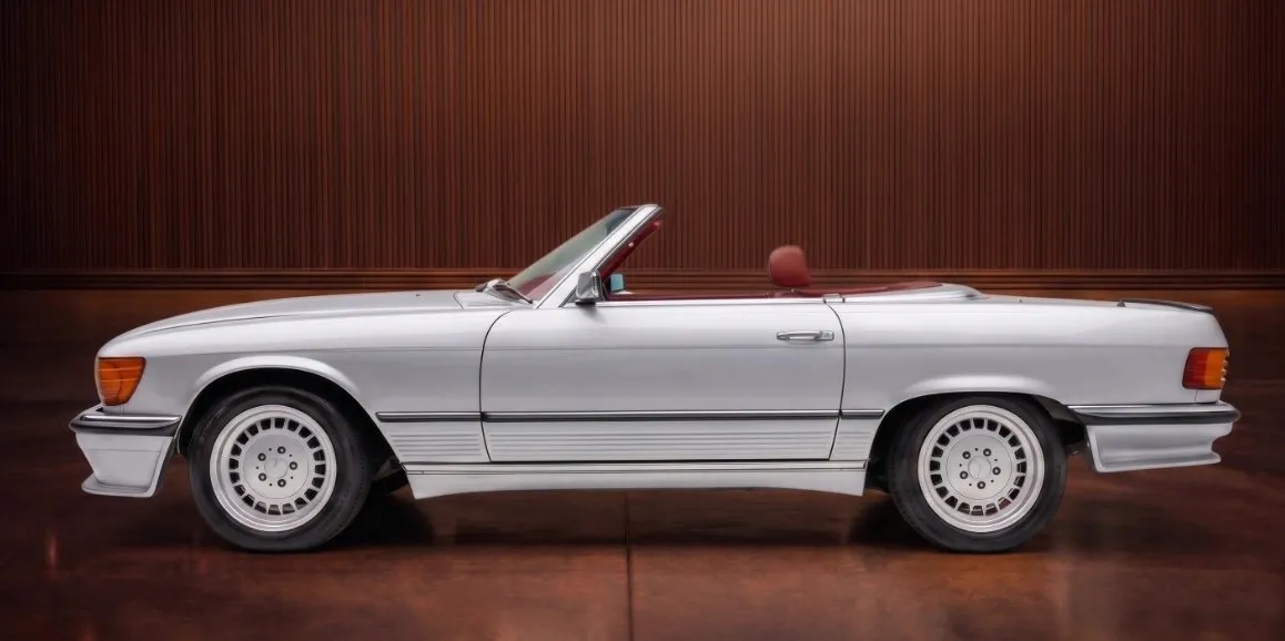 Silver Mercedes-Benz 450 SL exterior with convertible roof for wedding car rental