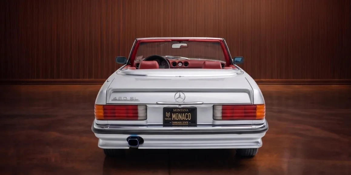 Silver Mercedes-Benz 450 SL exterior with convertible roof, photo 4 for wedding car rental