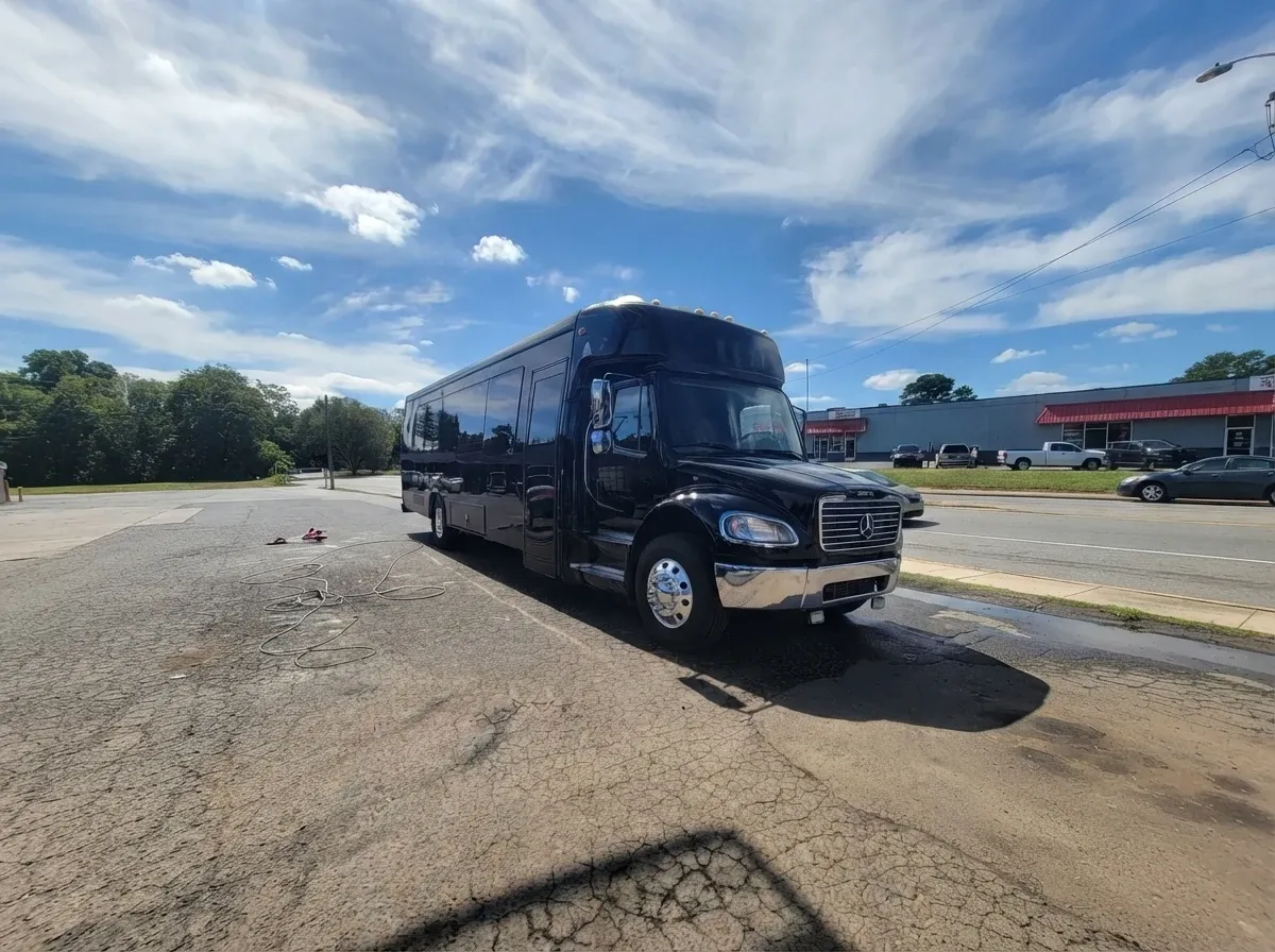 The black Mercedes-Benz Party Buses, ready to rent
