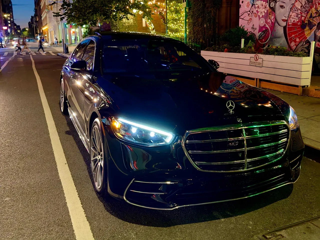 The black Mercedes-Benz S-Class, ready to rent