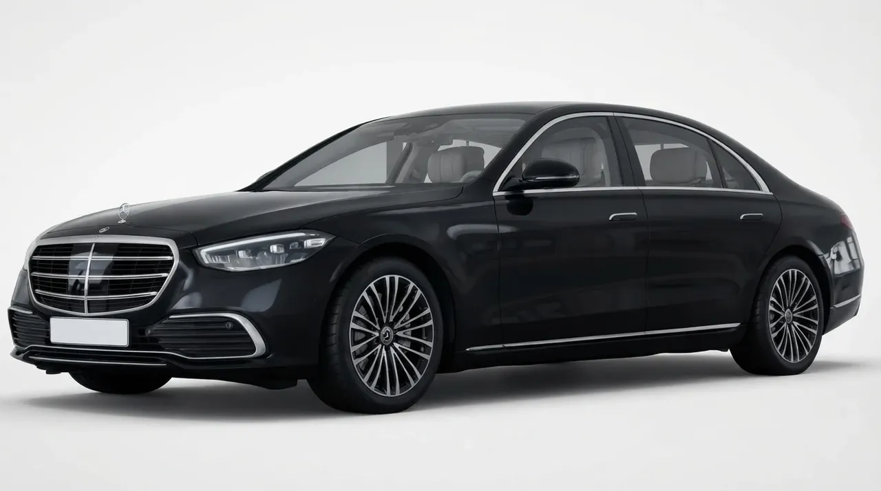 The black Mercedes-Benz S-Class, ready to rent