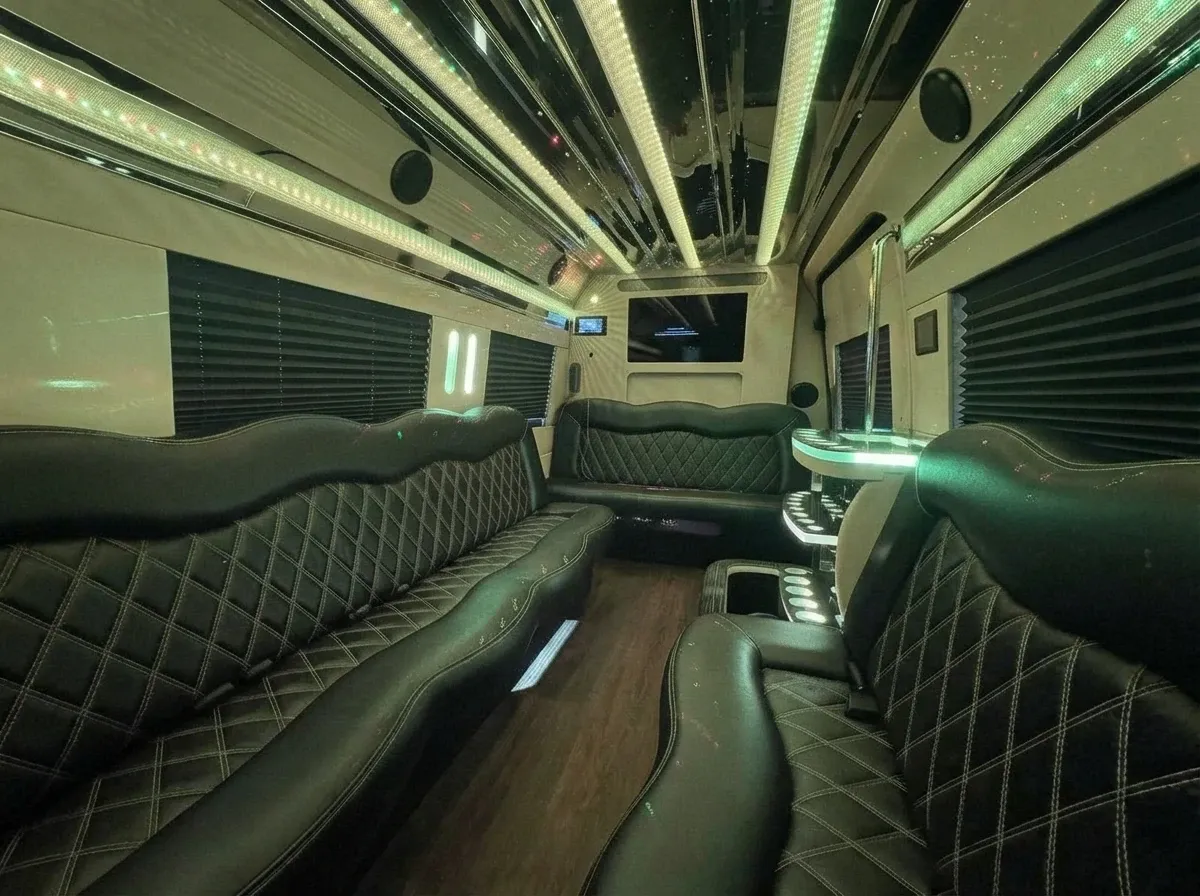 The black Mercedes-Benz Sprinter Limousine, ready to rent