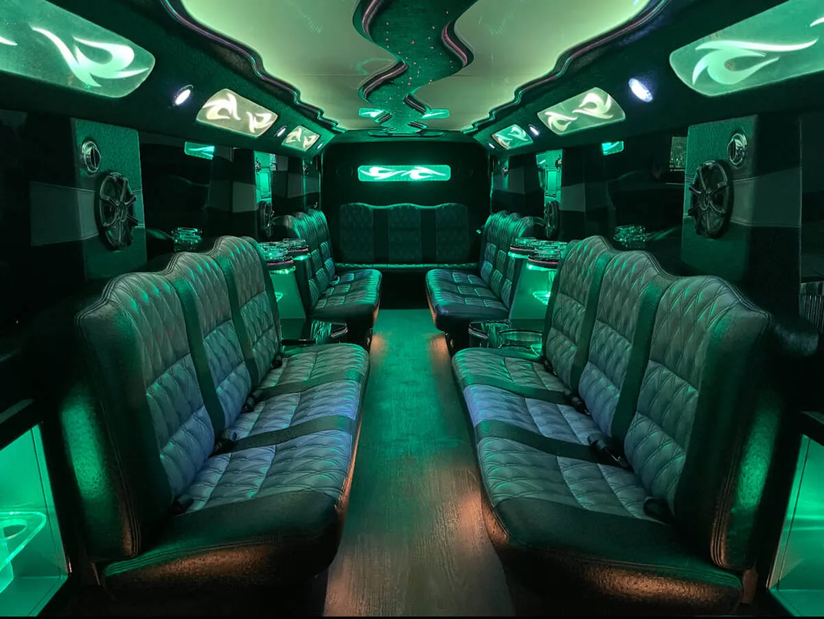 Mercedes-Benz G Wagon interior with perimeter lounge seating, LED accent lighting and LED ceiling lighting, photo 11 for limo rental