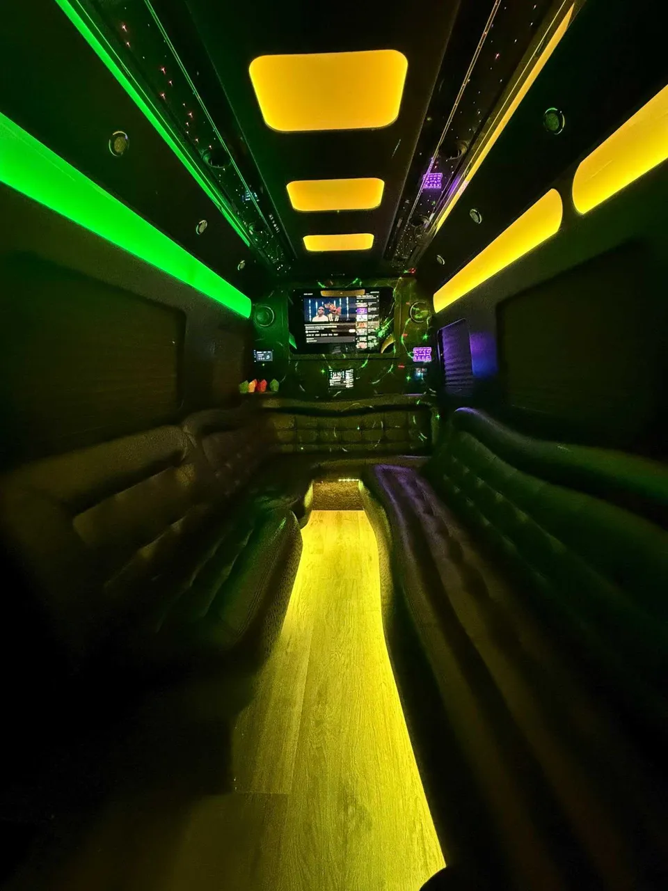 Mercedes-Benz Limousine Sprinter interior with perimeter lounge seating, LED accent lighting and LED ceiling lighting for party bus rental