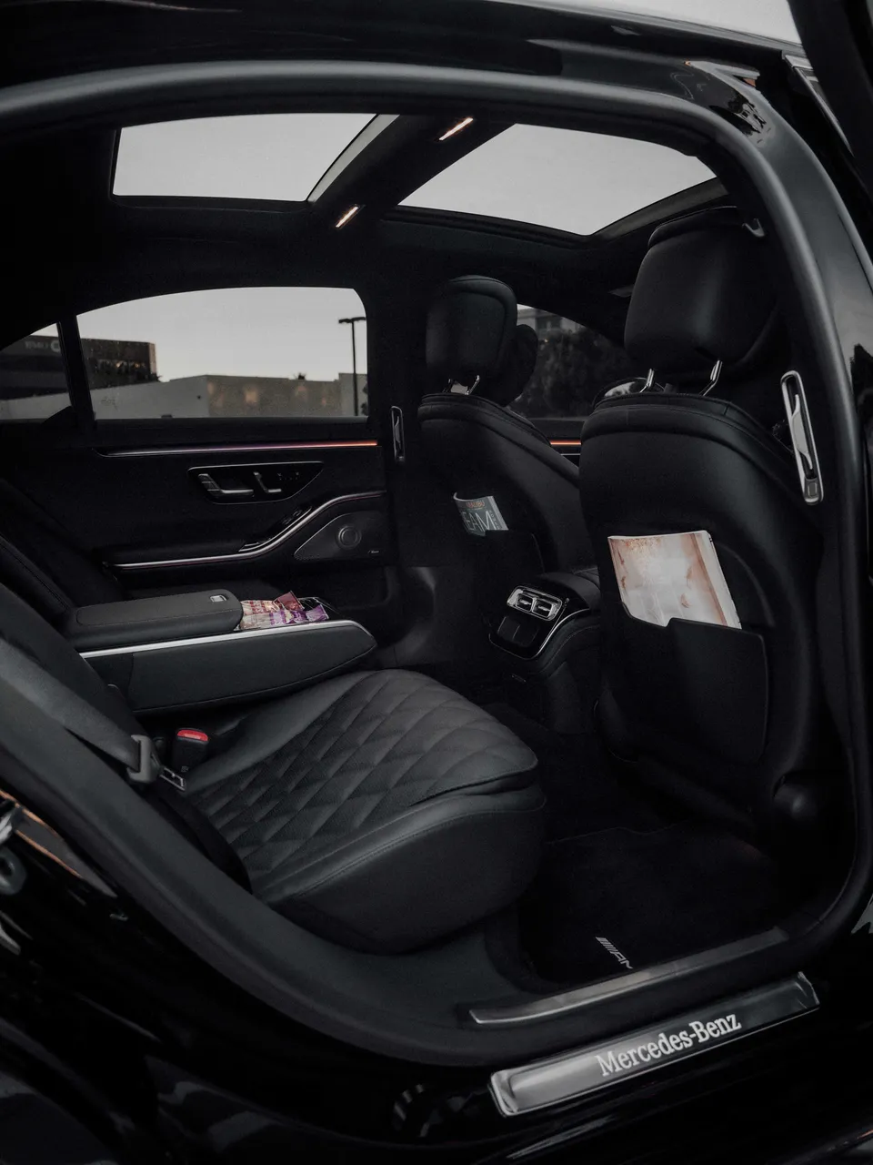 Mercedes-Benz S-Class interior with LED accent lighting for wedding car rental in Carlsbad, CA
