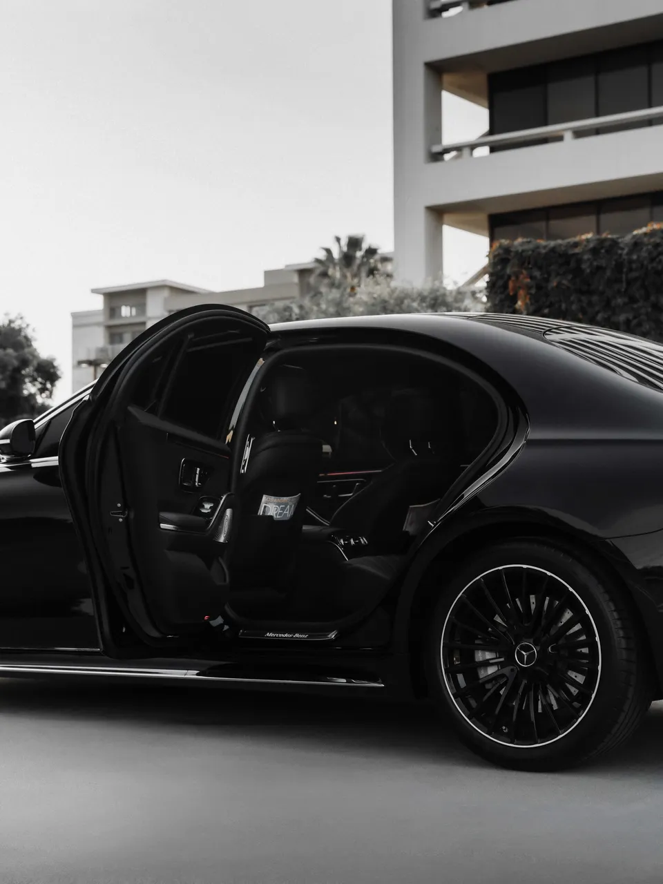 Black Mercedes-Benz S-Class exterior for wedding car rental in Carlsbad, CA