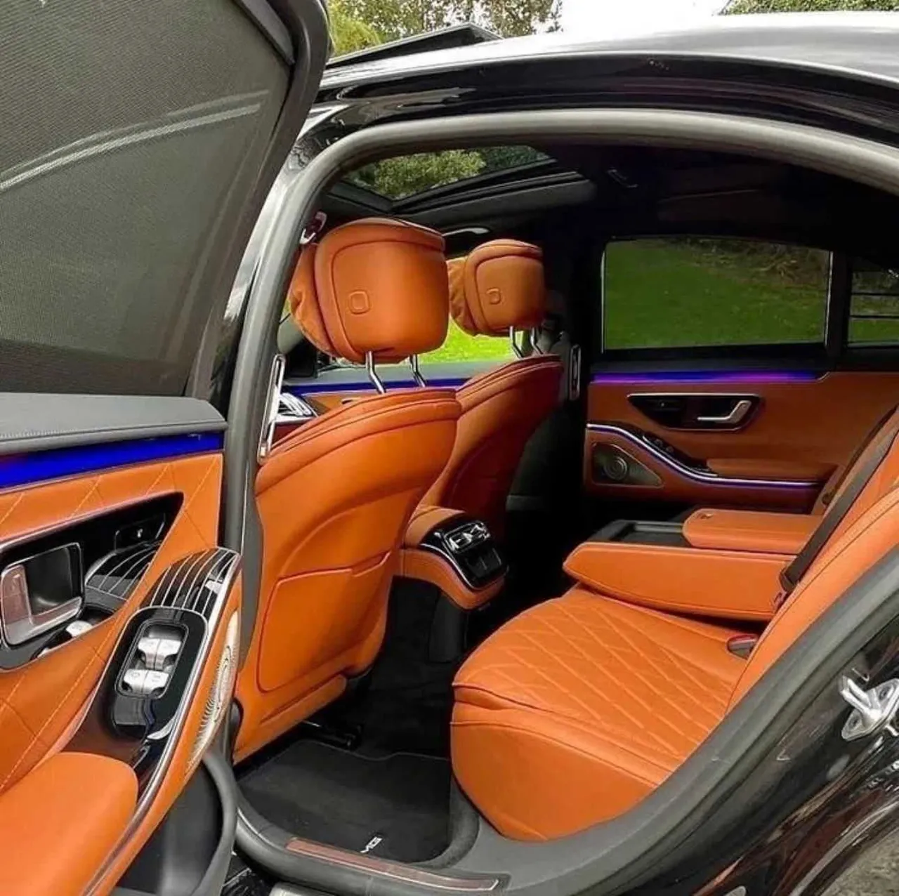 Mercedes-Benz S-Class interior with LED accent lighting for wedding car rental