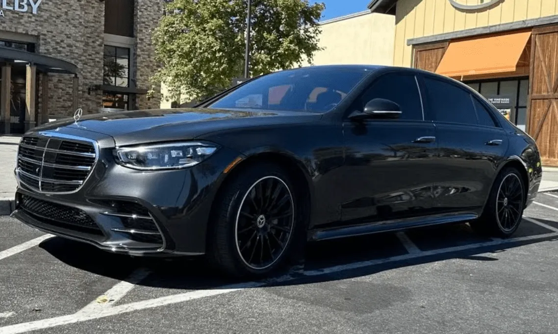 Black Mercedes-Benz S-Class exterior for wedding car rental in Los Angeles, CA