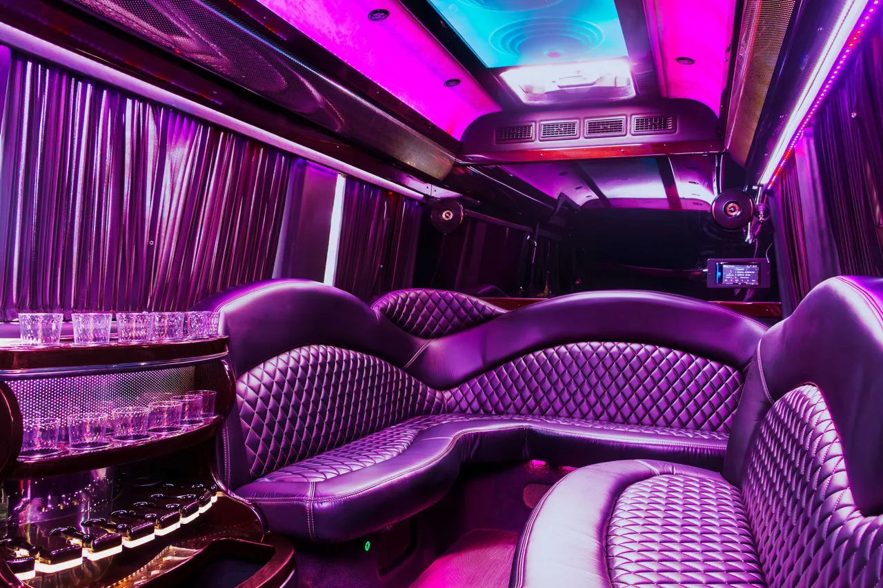 Mercedes Sprinter Limo interior with sofa-style seating, window shades and LED ceiling lighting for party bus rental