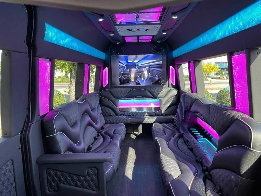 Mercedes Sprinter Limo interior for party bus rental in California