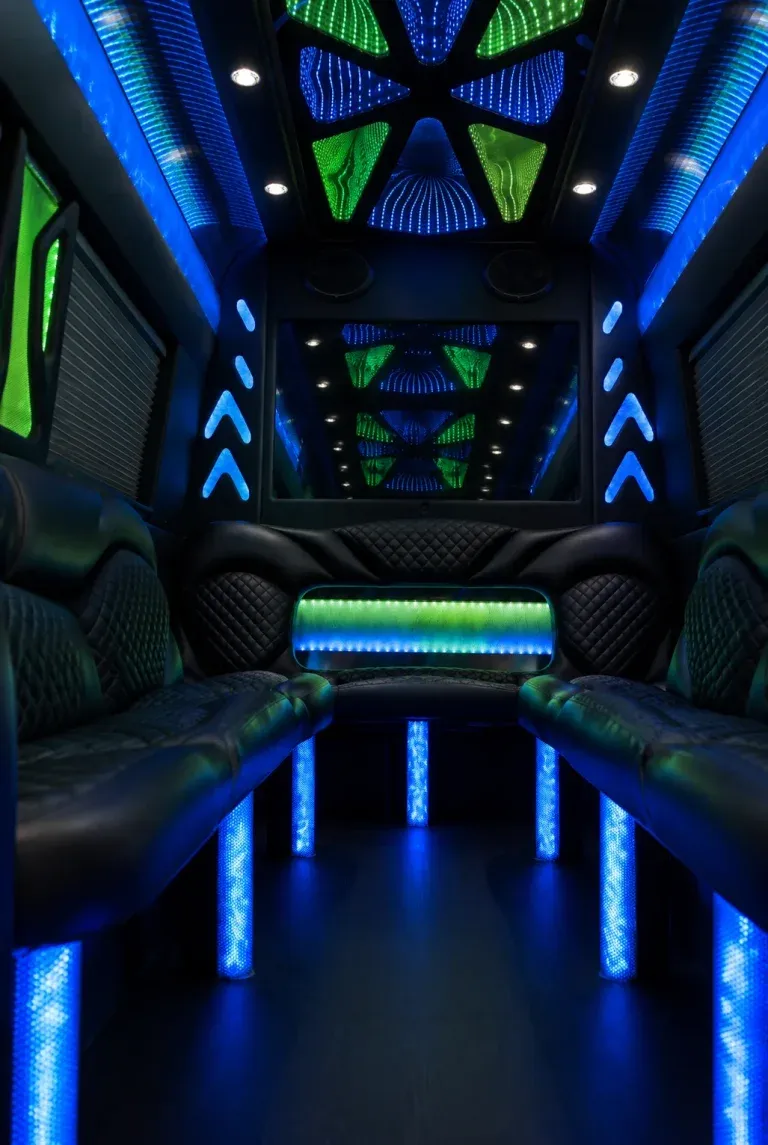 Mercedes-Benz Sprinter Limousine interior with perimeter lounge seating, window shades and LED accent lighting, photo 5 for party bus rental in El Paso, TX