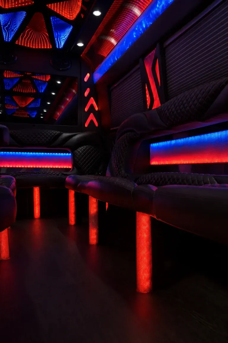 Mercedes-Benz Sprinter Limousine interior with window shades, LED accent lighting and LED ceiling lighting for party bus rental in El Paso, TX