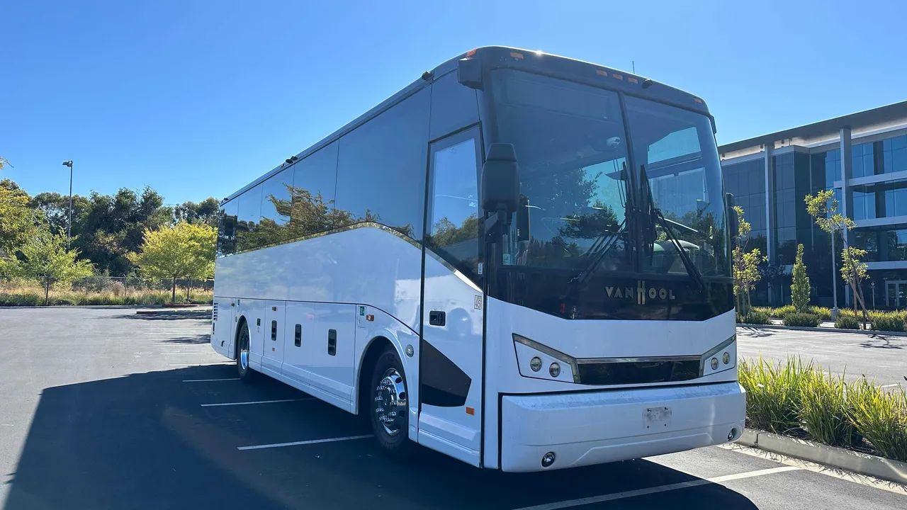 White 36 Passenger Motorcoach for charter bus rental in Daly City, CA
