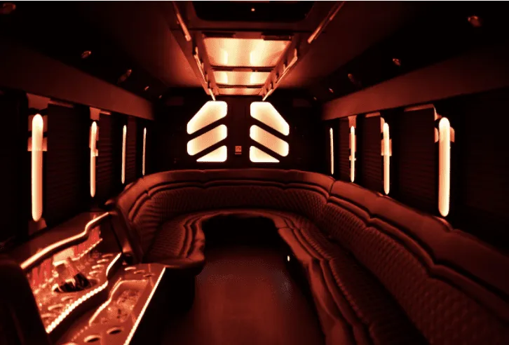 25 Passenger Party Bus interior with perimeter lounge seating and LED accent lighting for party bus rental in Chandler, AZ